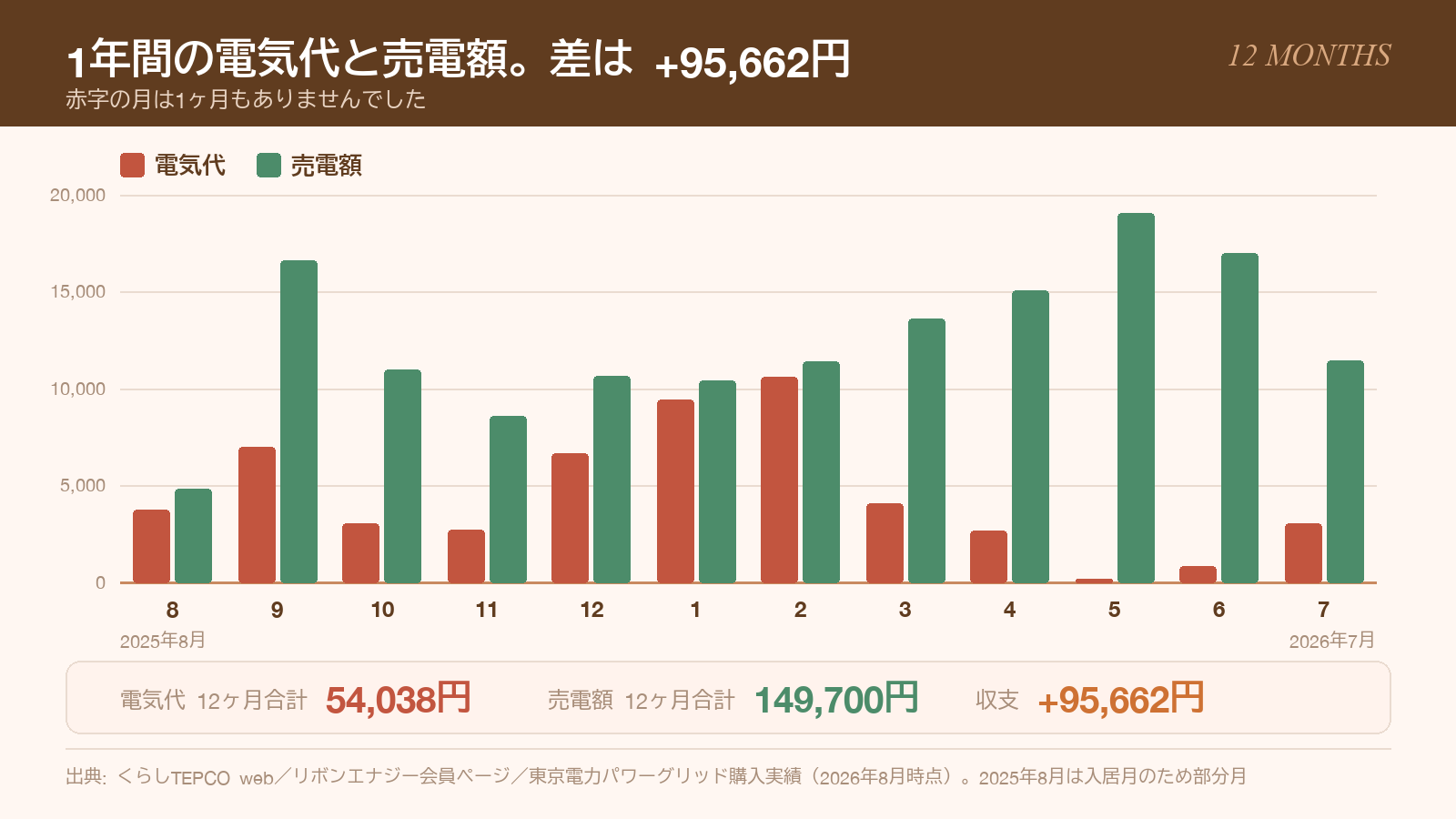 12ヶ月の電気代と売電額を月別に並べた棒グラフ。年間の差は+95,662円